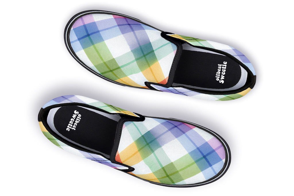 Watercolour Rainbow Plaid Slip Ons