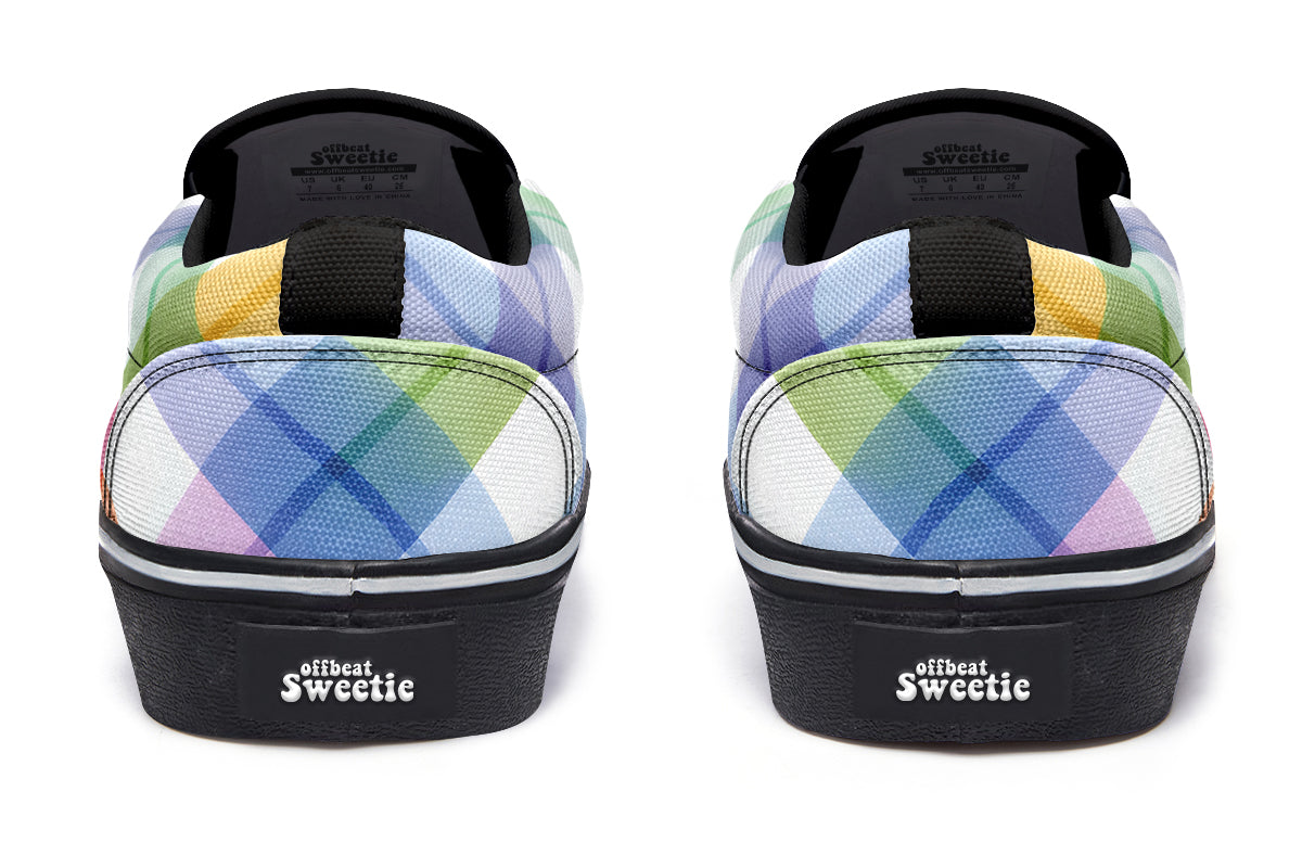 Watercolour Rainbow Plaid Slip Ons