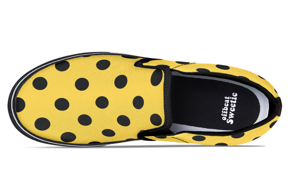 Yellow And Black Polka Dot Slip Ons