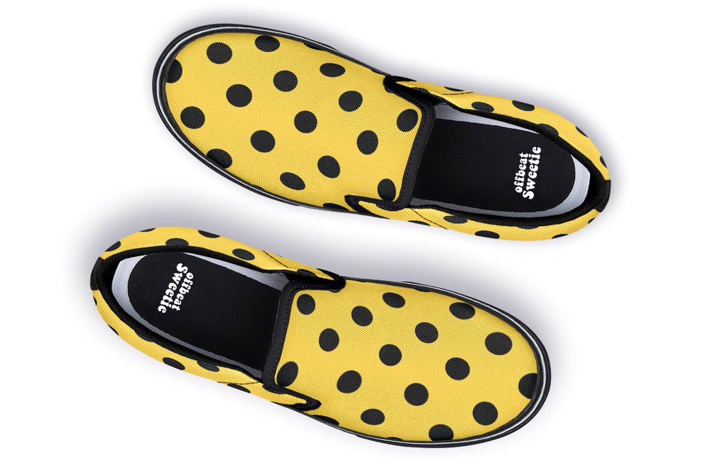 Yellow And Black Polka Dot Slip Ons
