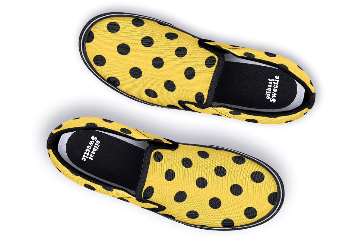 Yellow And Black Polka Dot Slip Ons