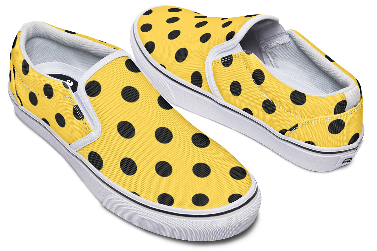 Yellow And Black Polka Dot Slip Ons