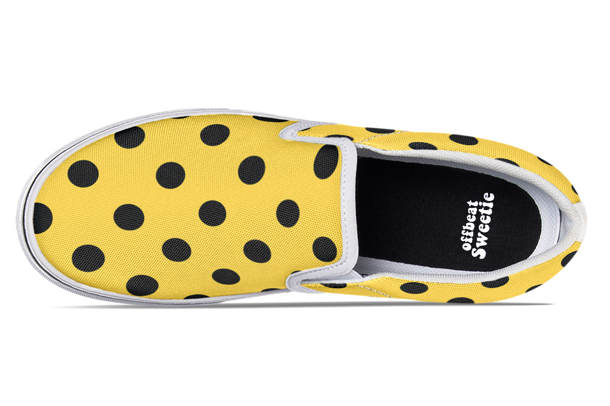 Yellow And Black Polka Dot Slip Ons