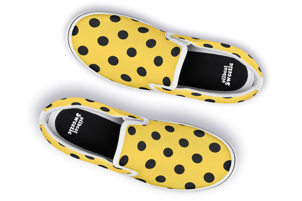 Yellow And Black Polka Dot Slip Ons