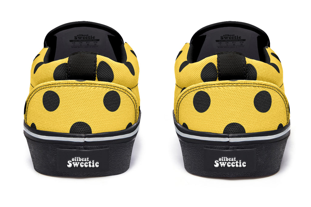 Yellow And Black Polka Dot Slip Ons