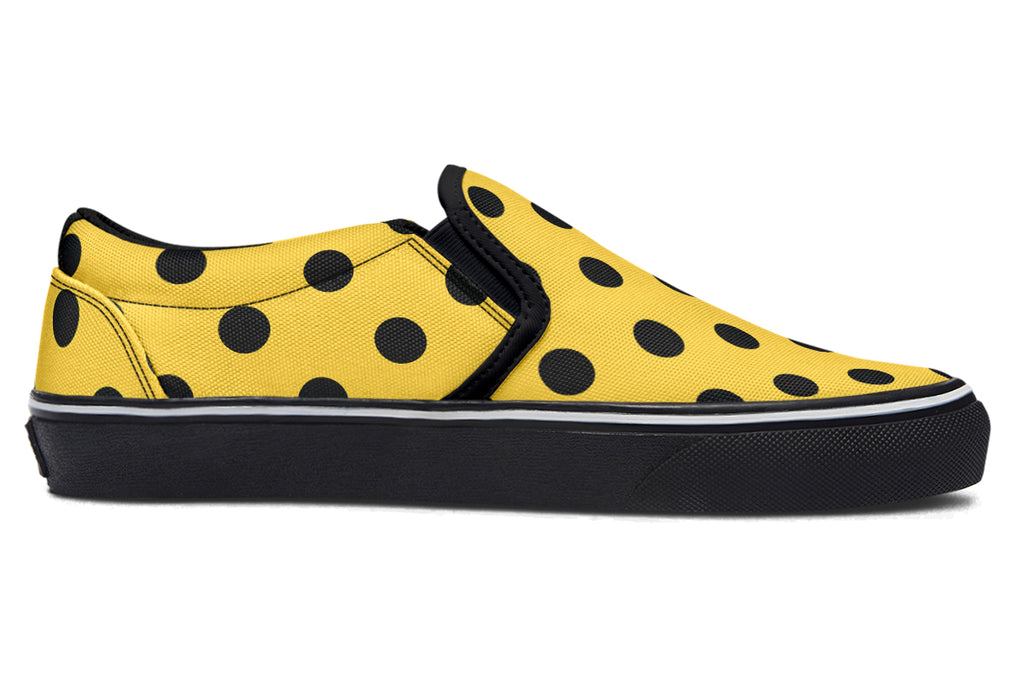 Yellow And Black Polka Dot Slip Ons