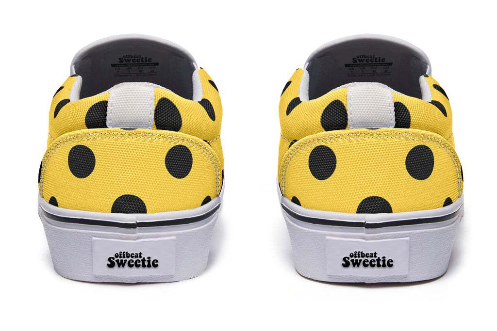 Yellow And Black Polka Dot Slip Ons