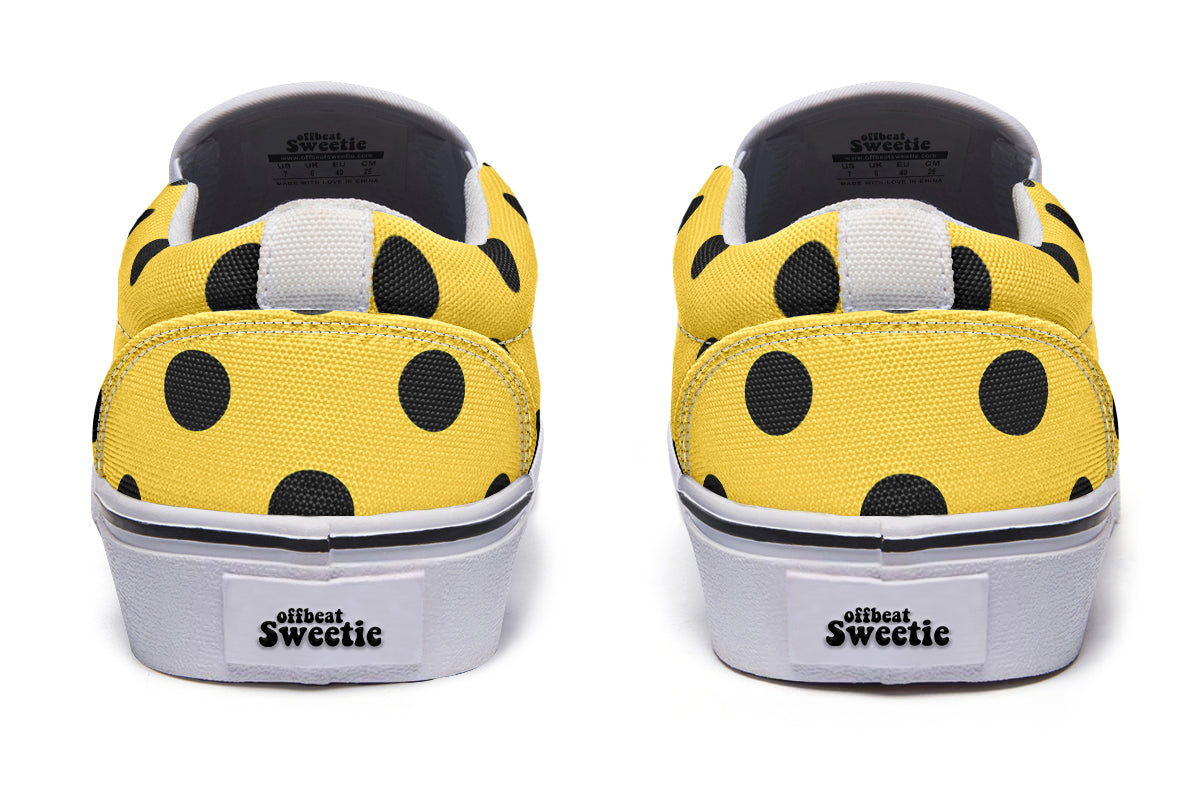 Yellow And Black Polka Dot Slip Ons