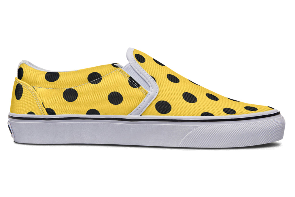 Yellow And Black Polka Dot Slip Ons