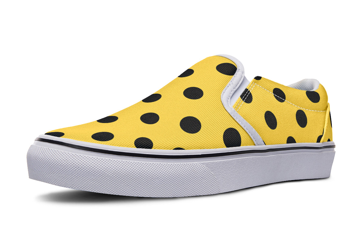 Yellow And Black Polka Dot Slip Ons