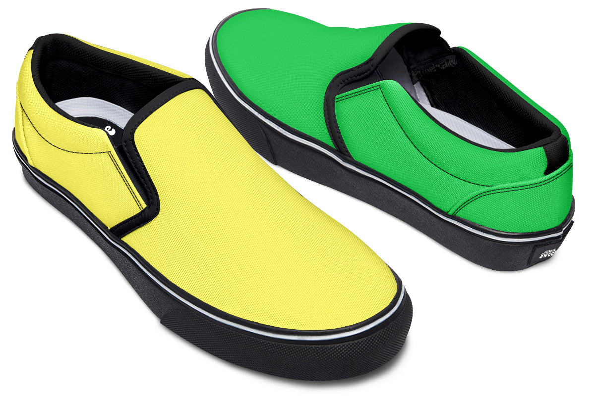 Yellow And Green Mismatch Slip Ons - Offbeat Sweetie