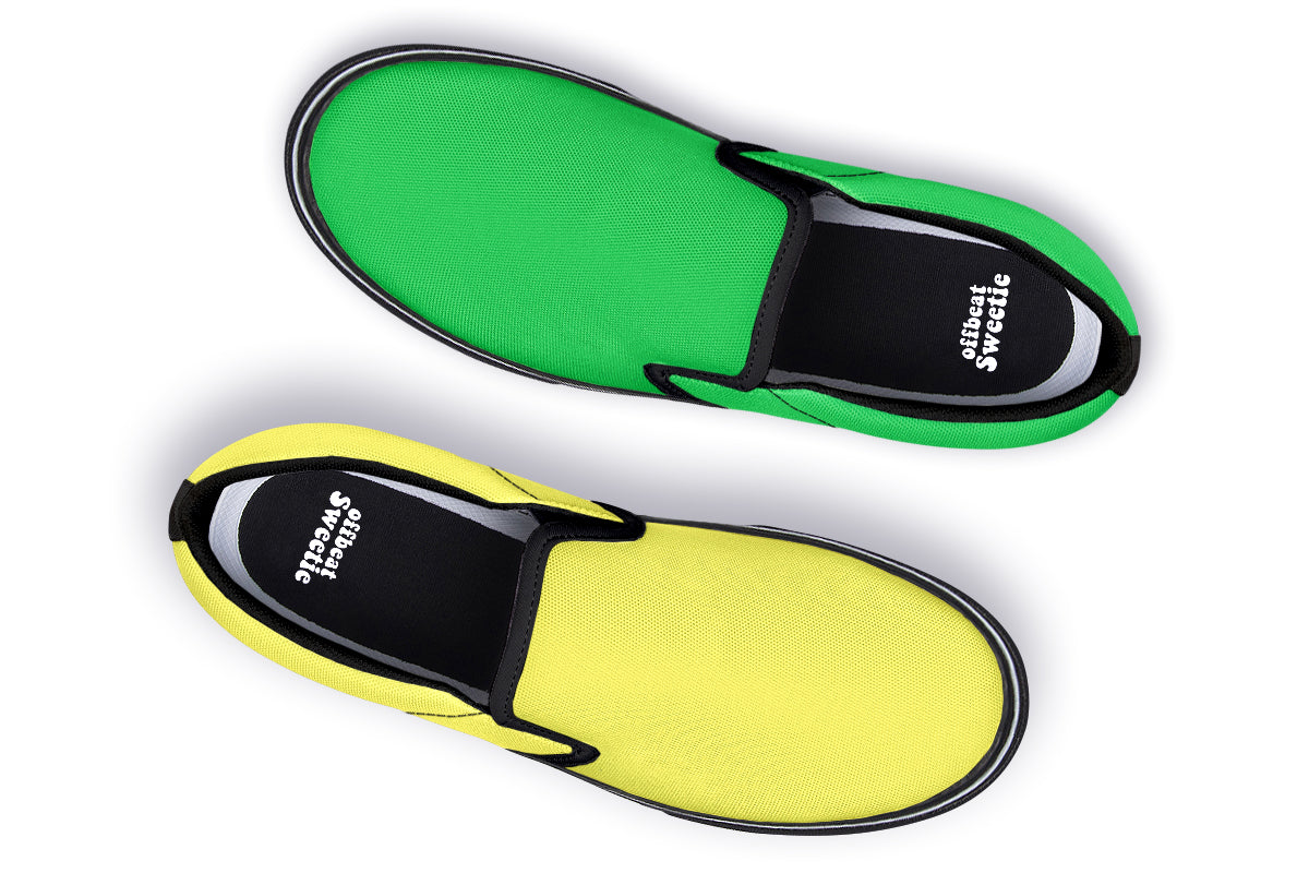 Yellow And Green Mismatch Slip Ons - Offbeat Sweetie