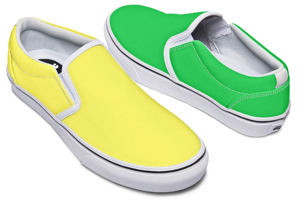 Yellow And Green Mismatch Slip Ons - Offbeat Sweetie