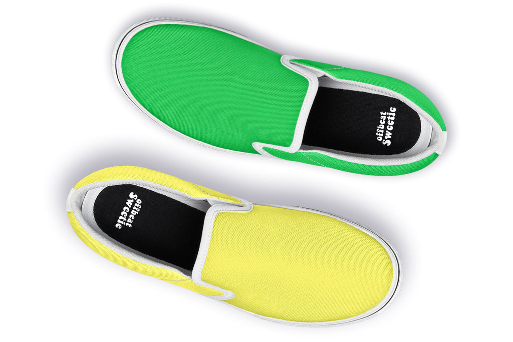 Yellow And Green Mismatch Slip Ons - Offbeat Sweetie