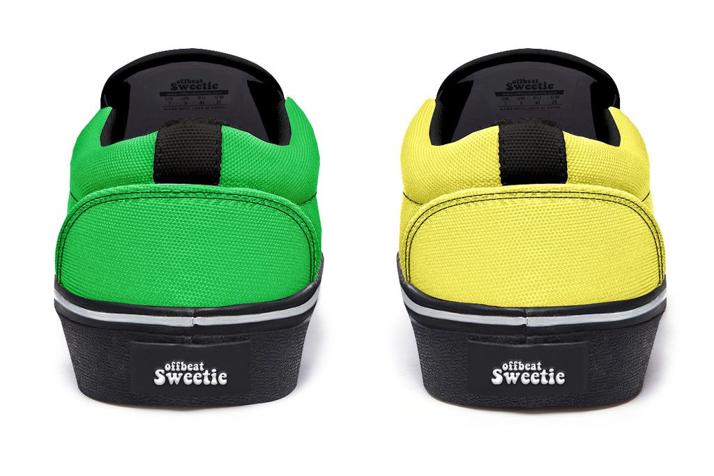Yellow And Green Mismatch Slip Ons - Offbeat Sweetie