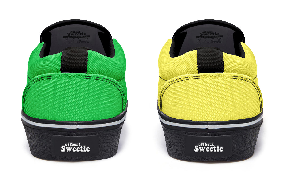 Yellow And Green Mismatch Slip Ons - Offbeat Sweetie
