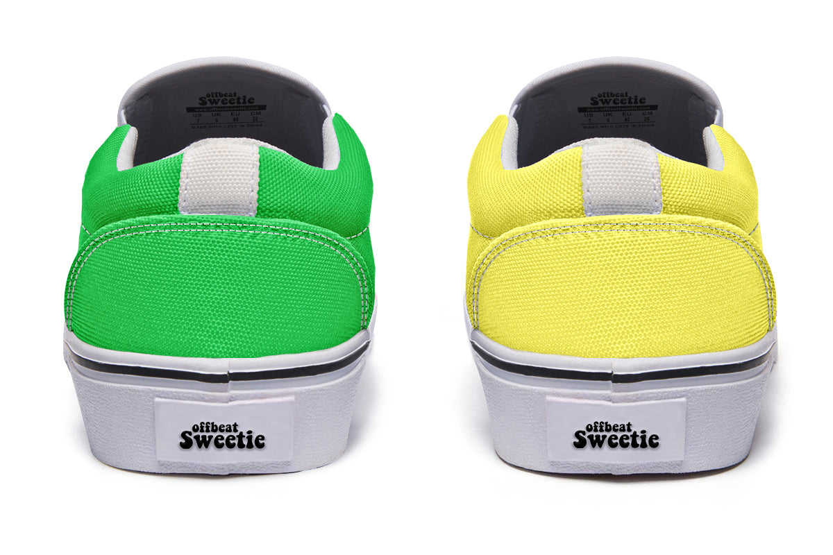 Yellow And Green Mismatch Slip Ons - Offbeat Sweetie