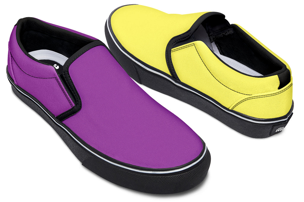 Yellow And Purple Mismatch Slip Ons - Offbeat Sweetie