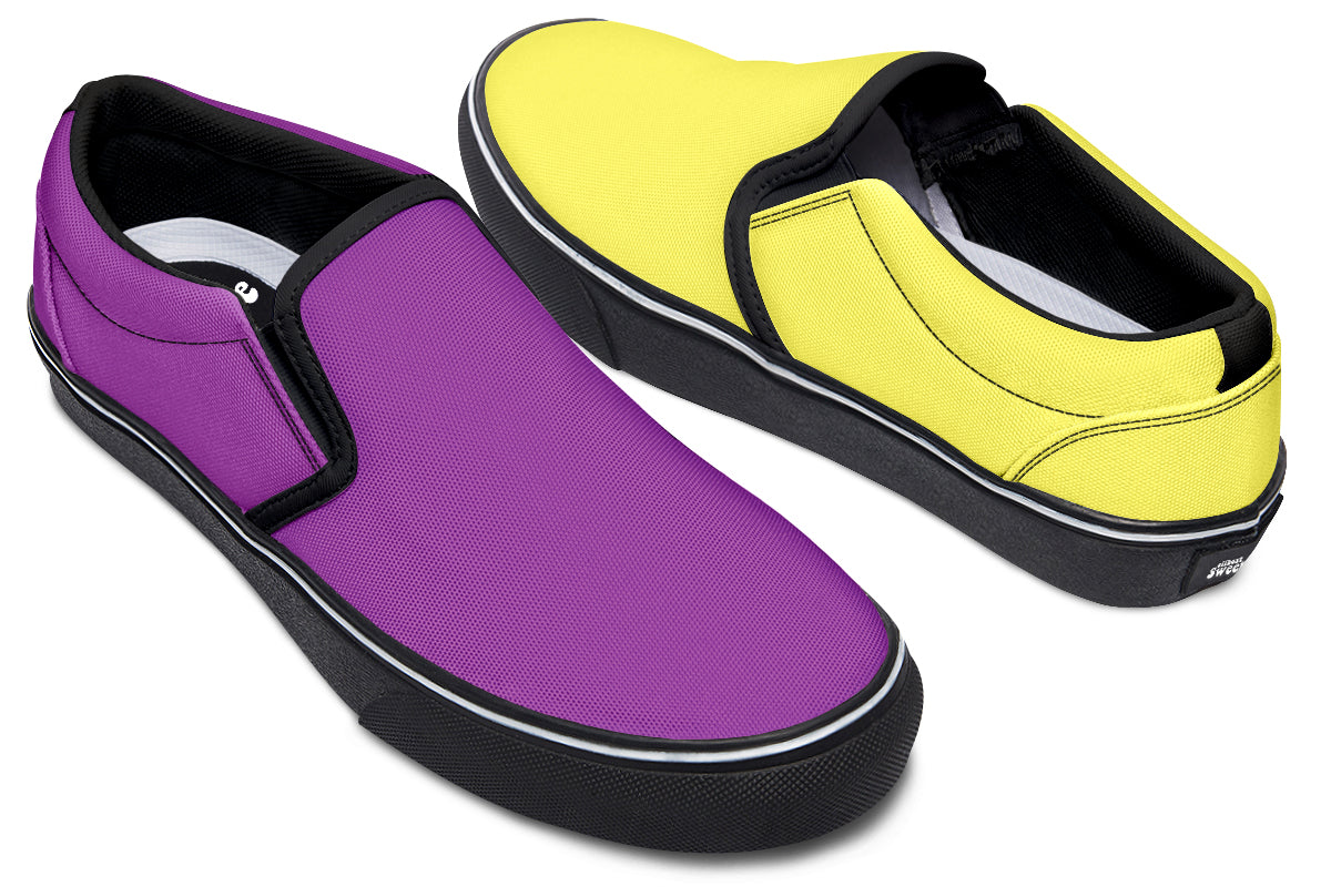 Yellow And Purple Mismatch Slip Ons - Offbeat Sweetie