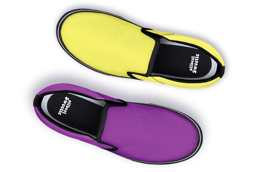 Yellow And Purple Mismatch Slip Ons - Offbeat Sweetie