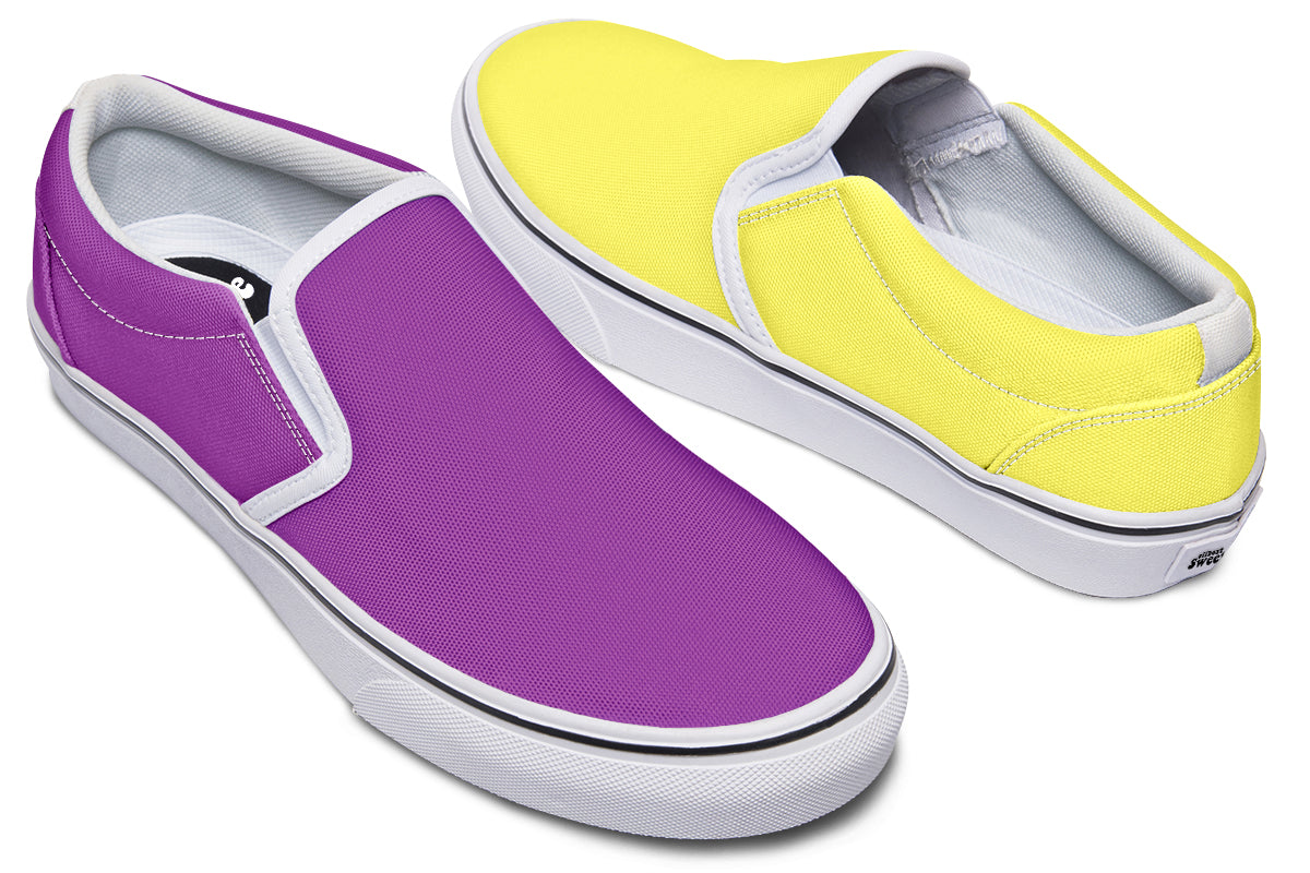 Yellow And Purple Mismatch Slip Ons - Offbeat Sweetie
