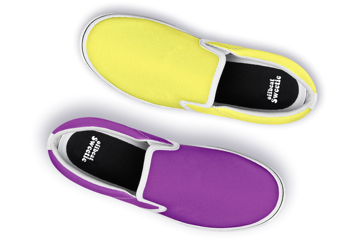 Yellow And Purple Mismatch Slip Ons - Offbeat Sweetie