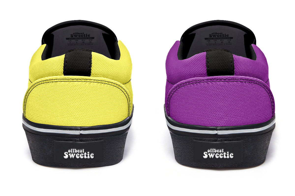 Yellow And Purple Mismatch Slip Ons - Offbeat Sweetie