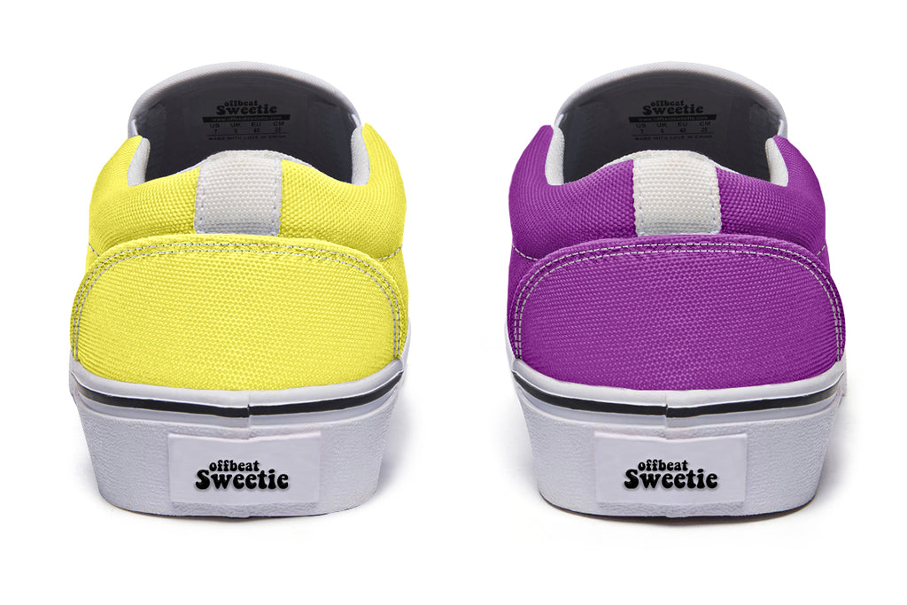 Yellow And Purple Mismatch Slip Ons - Offbeat Sweetie