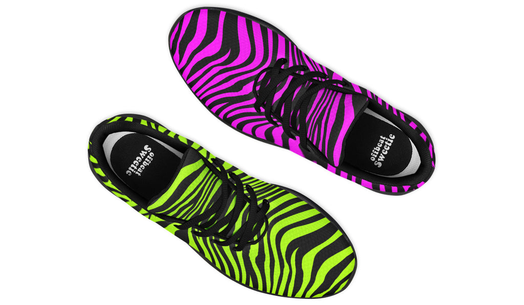 Green and Fuchsia Mismatched Neon Zebra Sneakers