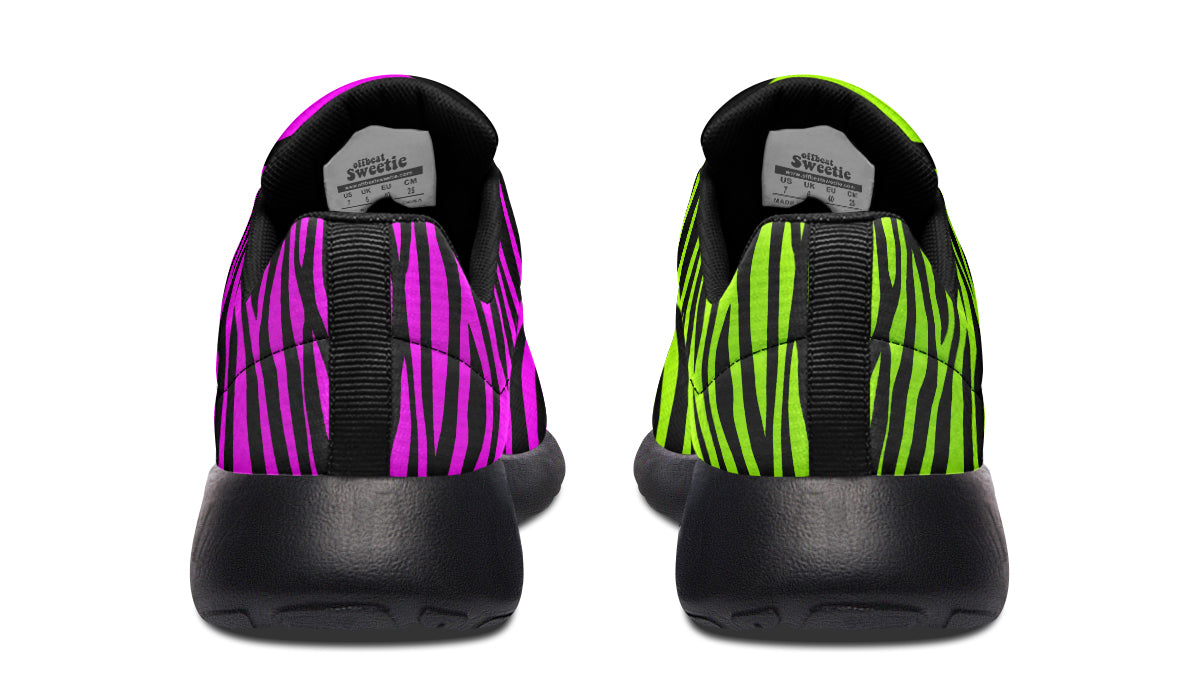 Green and Fuchsia Mismatched Neon Zebra Sneakers