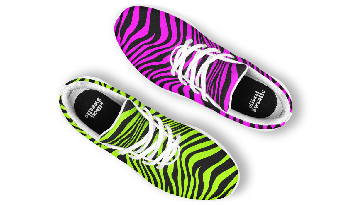 Green and Fuchsia Mismatched Neon Zebra Sneakers