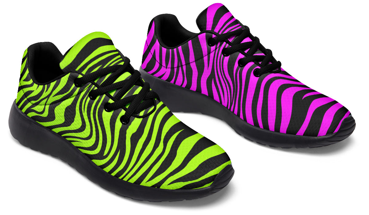 Green and Fuchsia Mismatched Neon Zebra Sneakers