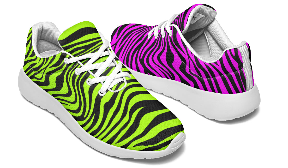 Green and Fuchsia Mismatched Neon Zebra Sneakers