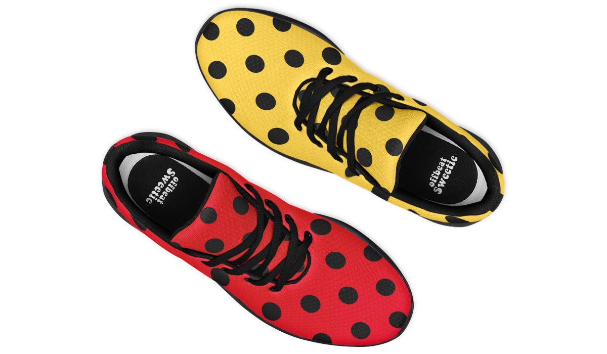 Red And Yellow Mismatched Polka Dot Sneakers