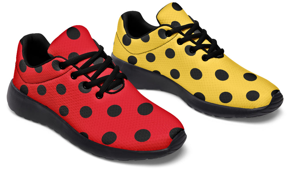 Red And Yellow Mismatched Polka Dot Sneakers