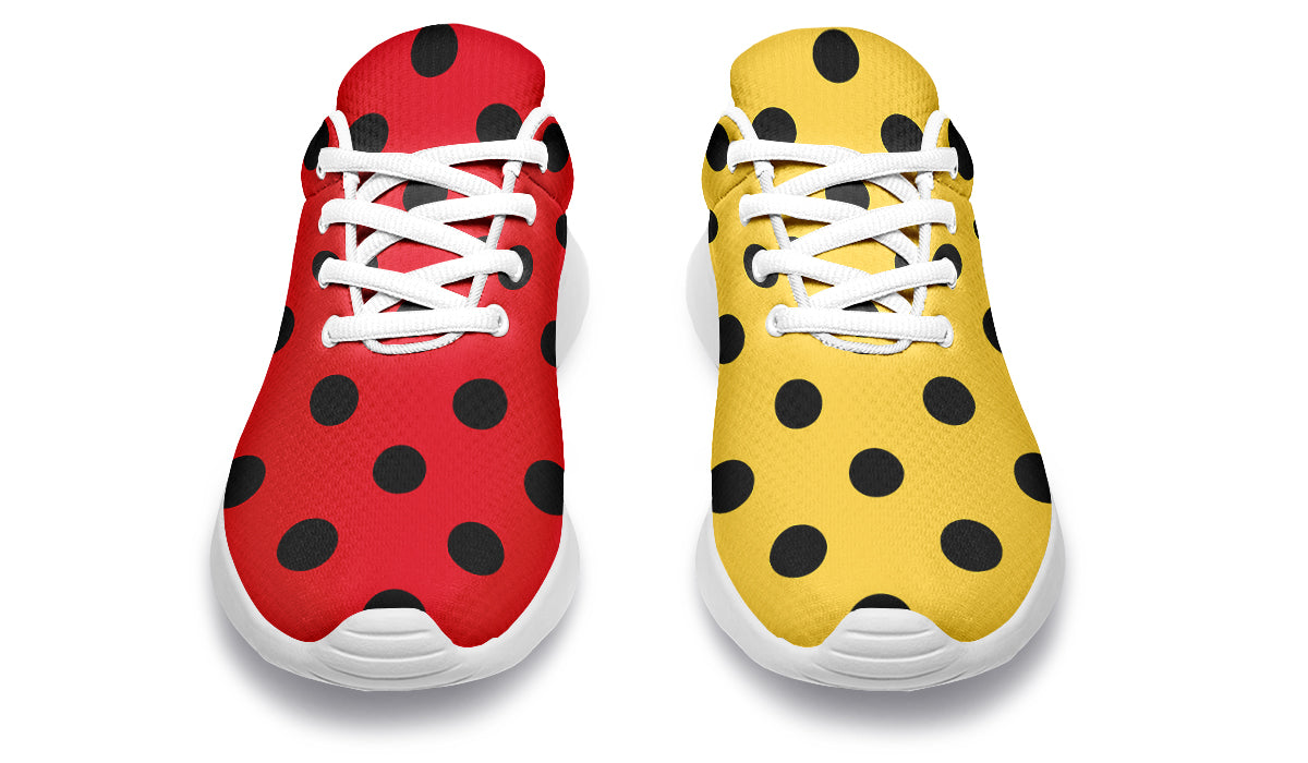 Red And Yellow Mismatched Polka Dot Sneakers