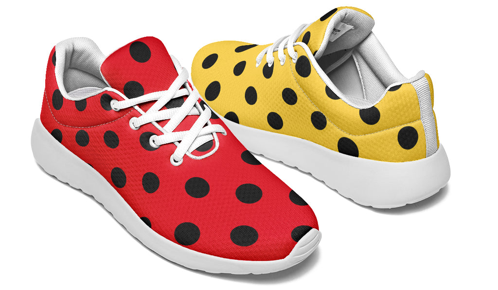 Red And Yellow Mismatched Polka Dot Sneakers