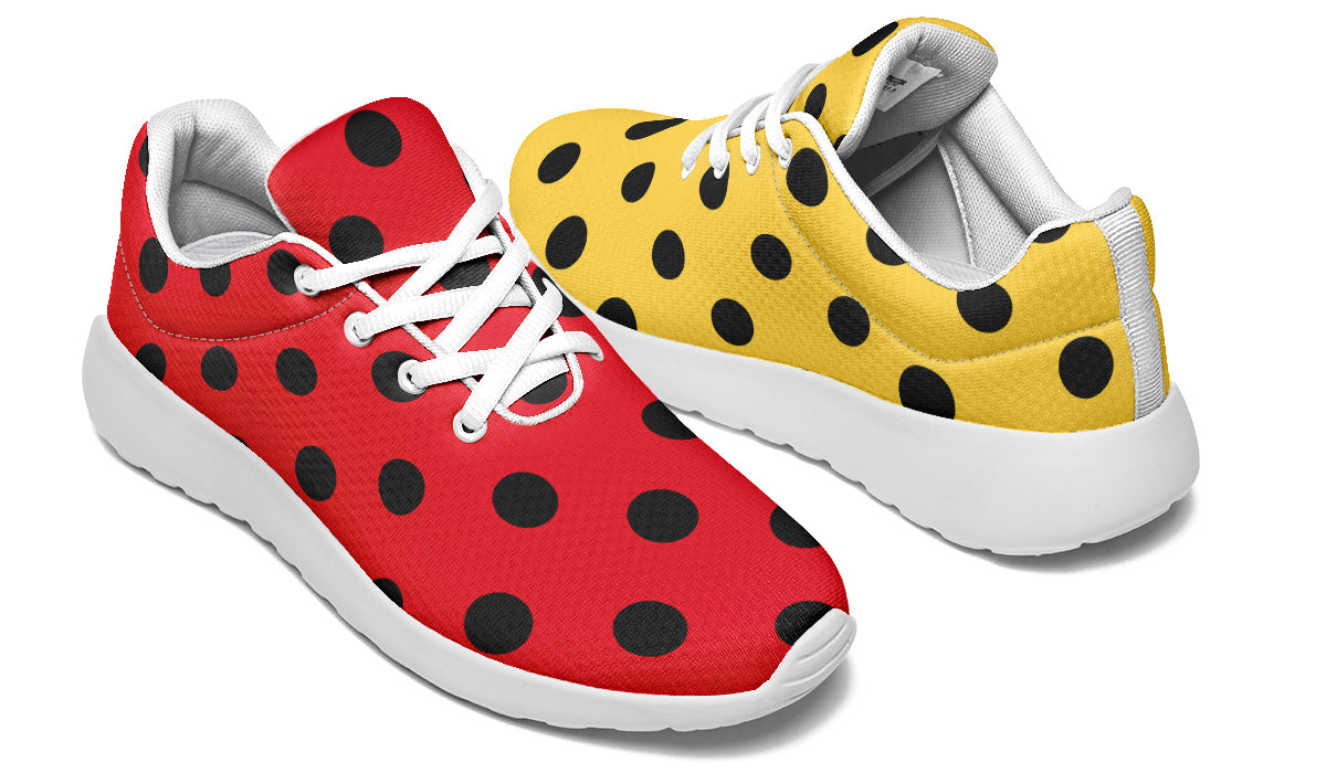 Red And Yellow Mismatched Polka Dot Sneakers