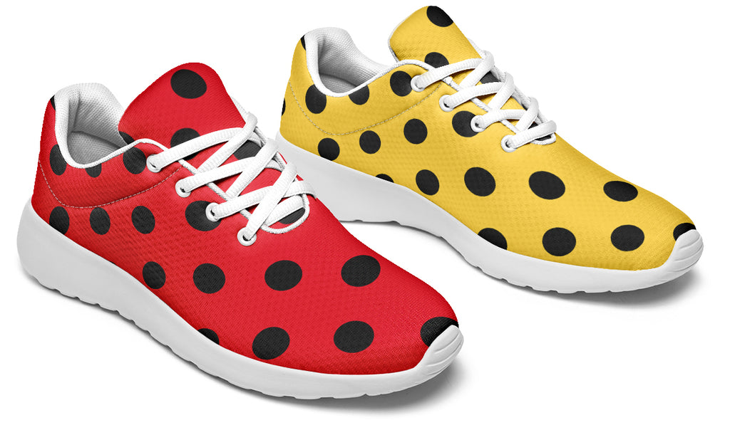Red And Yellow Mismatched Polka Dot Sneakers