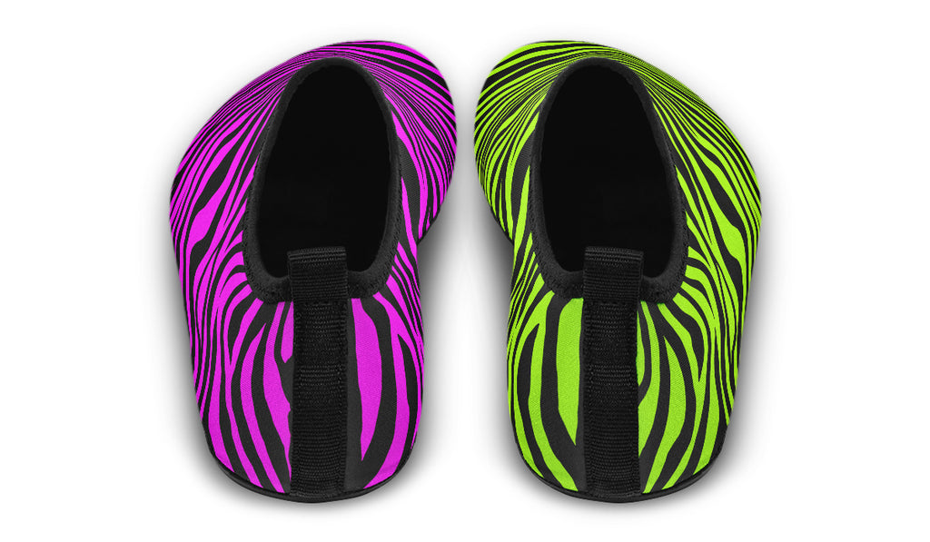 Green and Fuchsia Mismatched Neon Zebra Water Shoes
