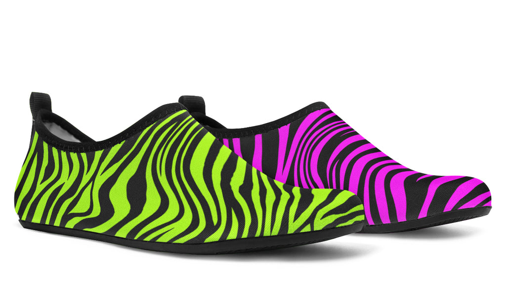 Green and Fuchsia Mismatched Neon Zebra Water Shoes