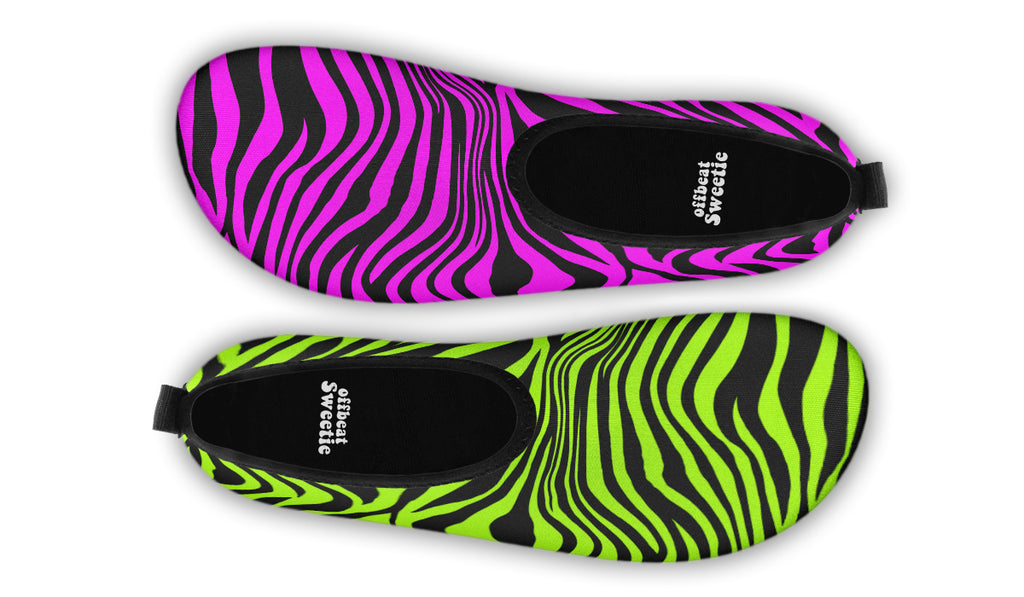 Green and Fuchsia Mismatched Neon Zebra Water Shoes
