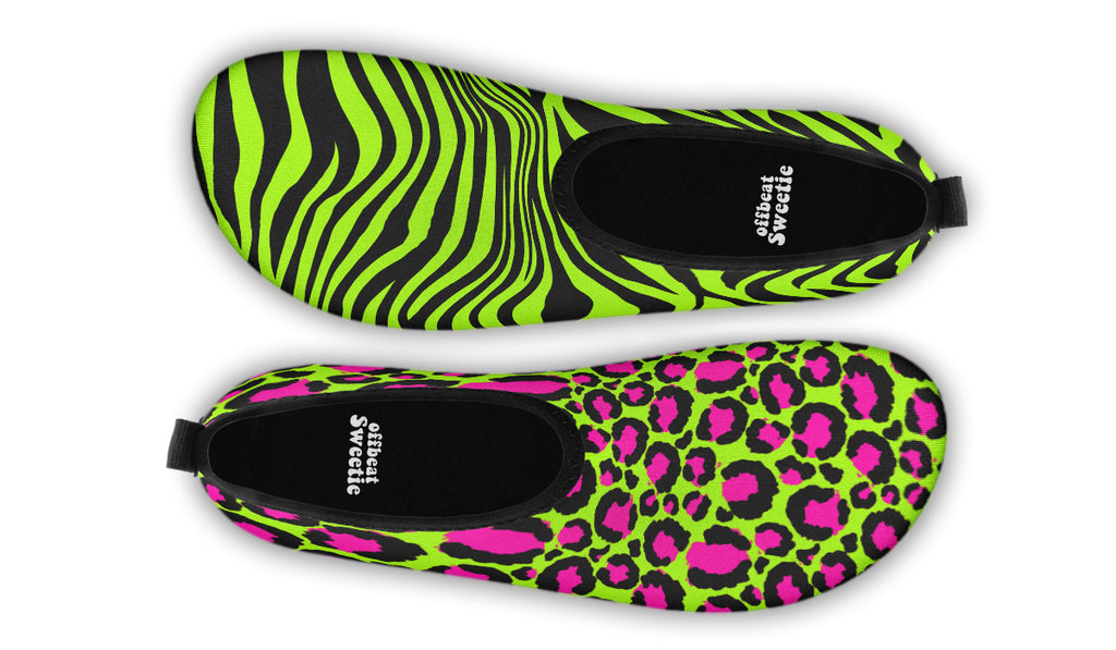 Neon Leopard x Neon Zebra Green Mismatch Water Shoes