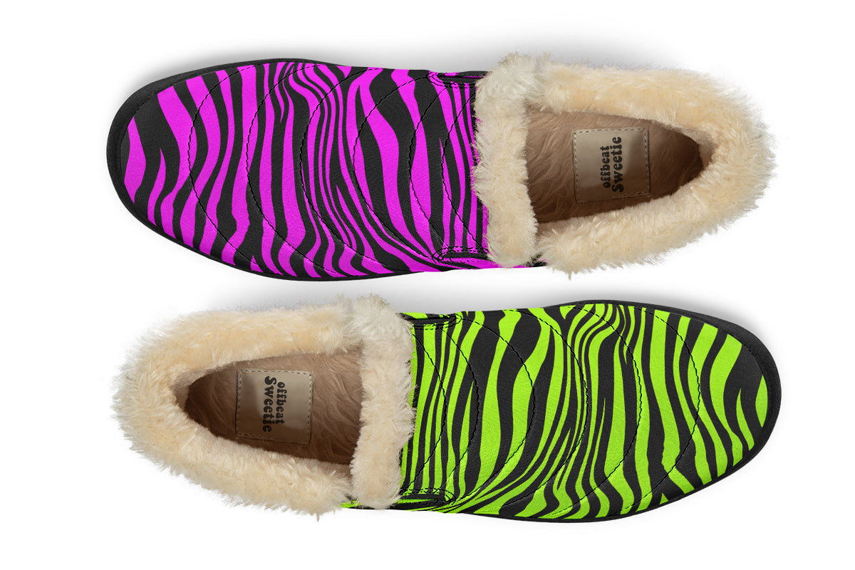 Green and Fuchsia Mismatched Neon Zebra Winter Shoes