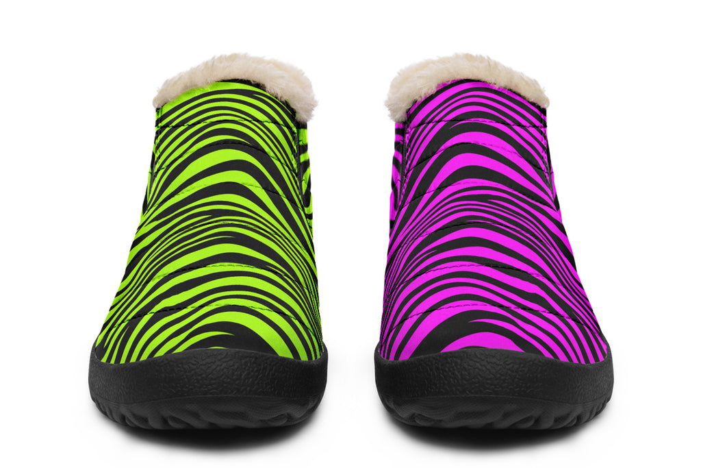 Green and Fuchsia Mismatched Neon Zebra Winter Shoes
