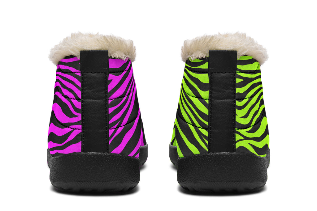 Green and Fuchsia Mismatched Neon Zebra Winter Shoes