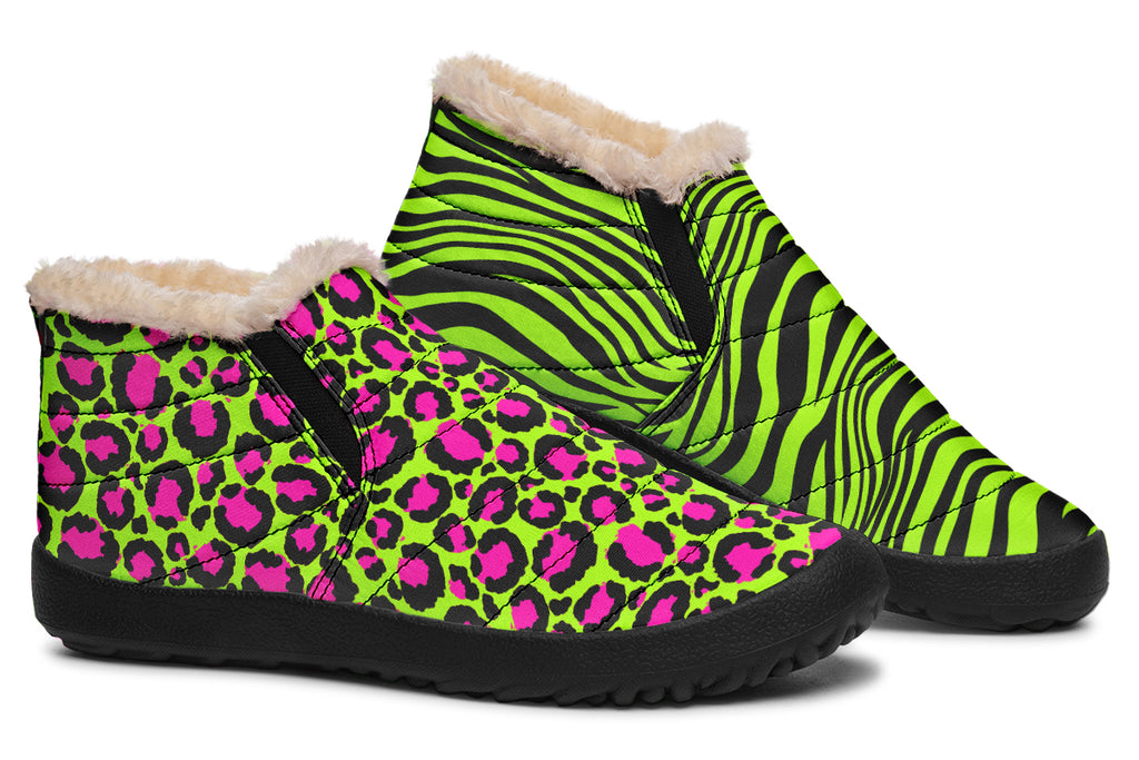 Neon Leopard x Neon Zebra Green Mismatch Winter Shoes