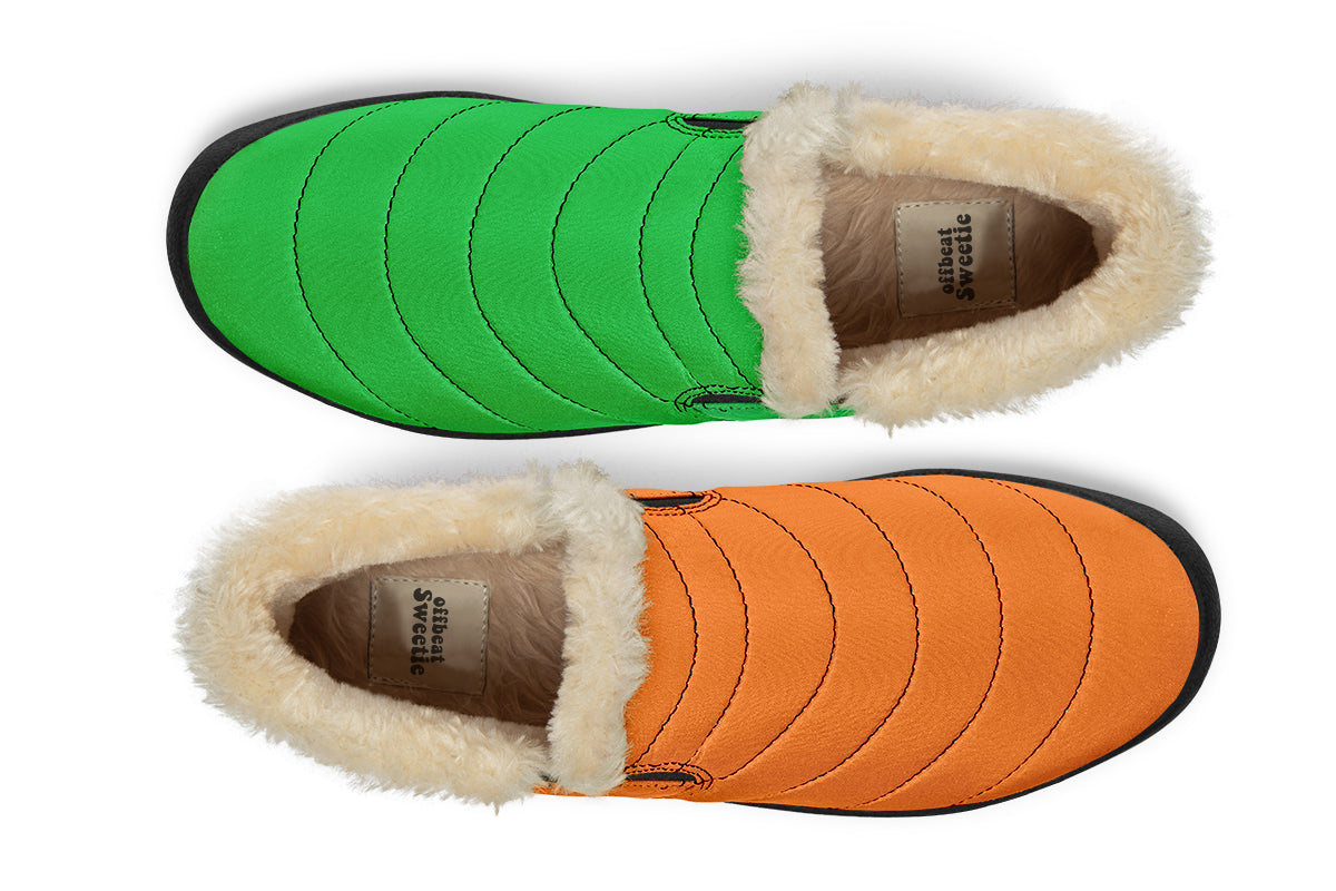 Orange and Green Mismatch Winter Shoes - Offbeat Sweetie