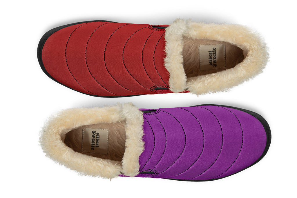 Purple And Red Mismatched Winter Shoes - Offbeat Sweetie