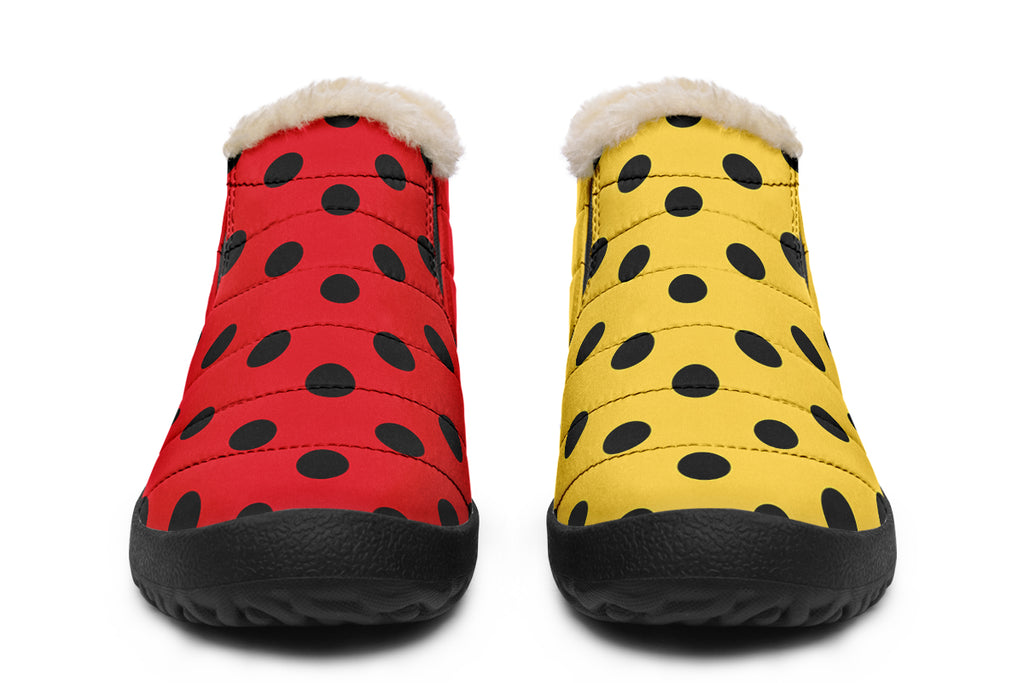 Red And Yellow Mismatched Polka Dot Winter Shoes